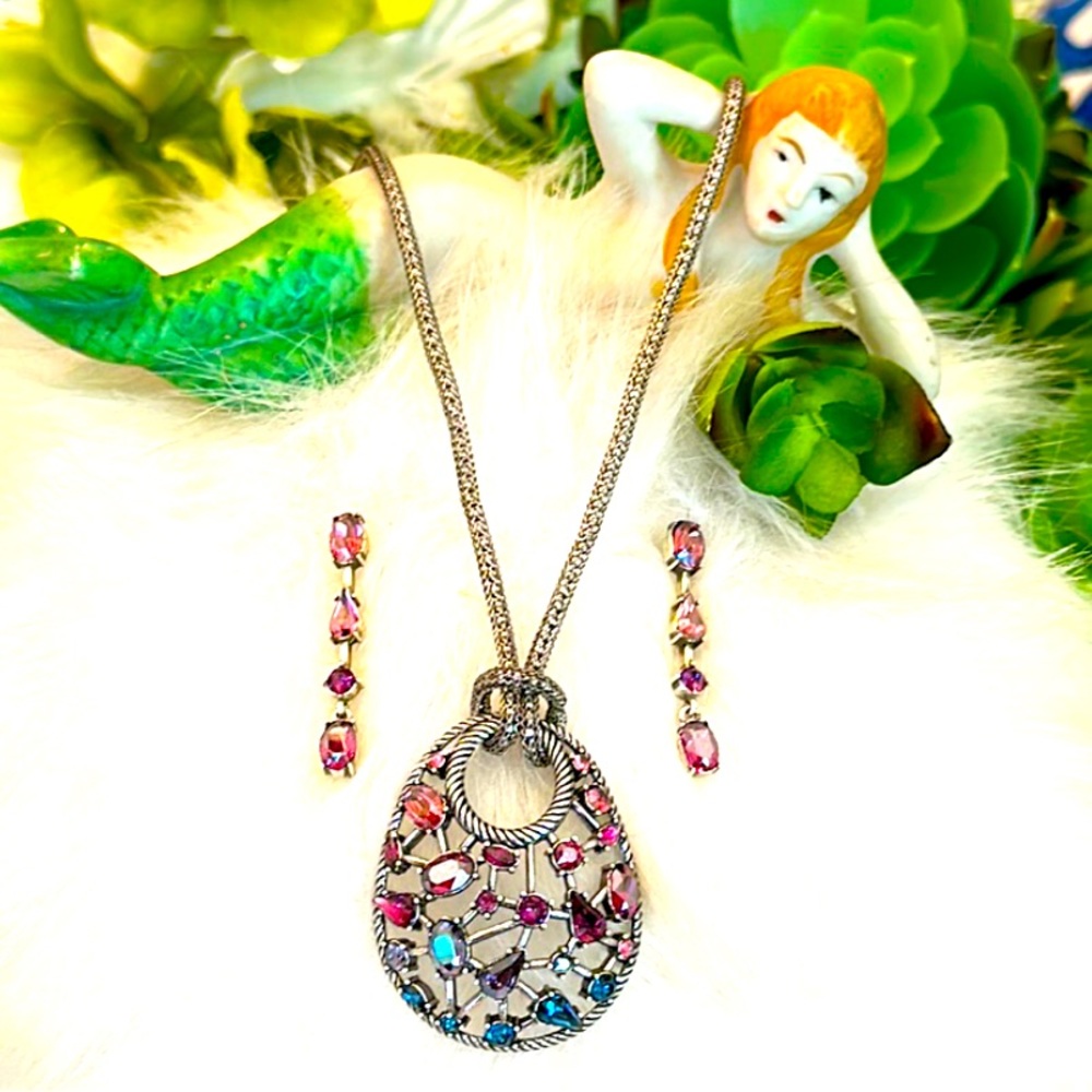 Brighton ONE LOVE Multi Color Ombre Swarvorski Crystal Necklace & Earrings RARE